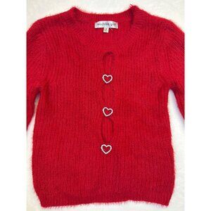 Madden Girl Red Cropped Sweater Heart Rhinestones Cut Out Fuzzy Junior's S